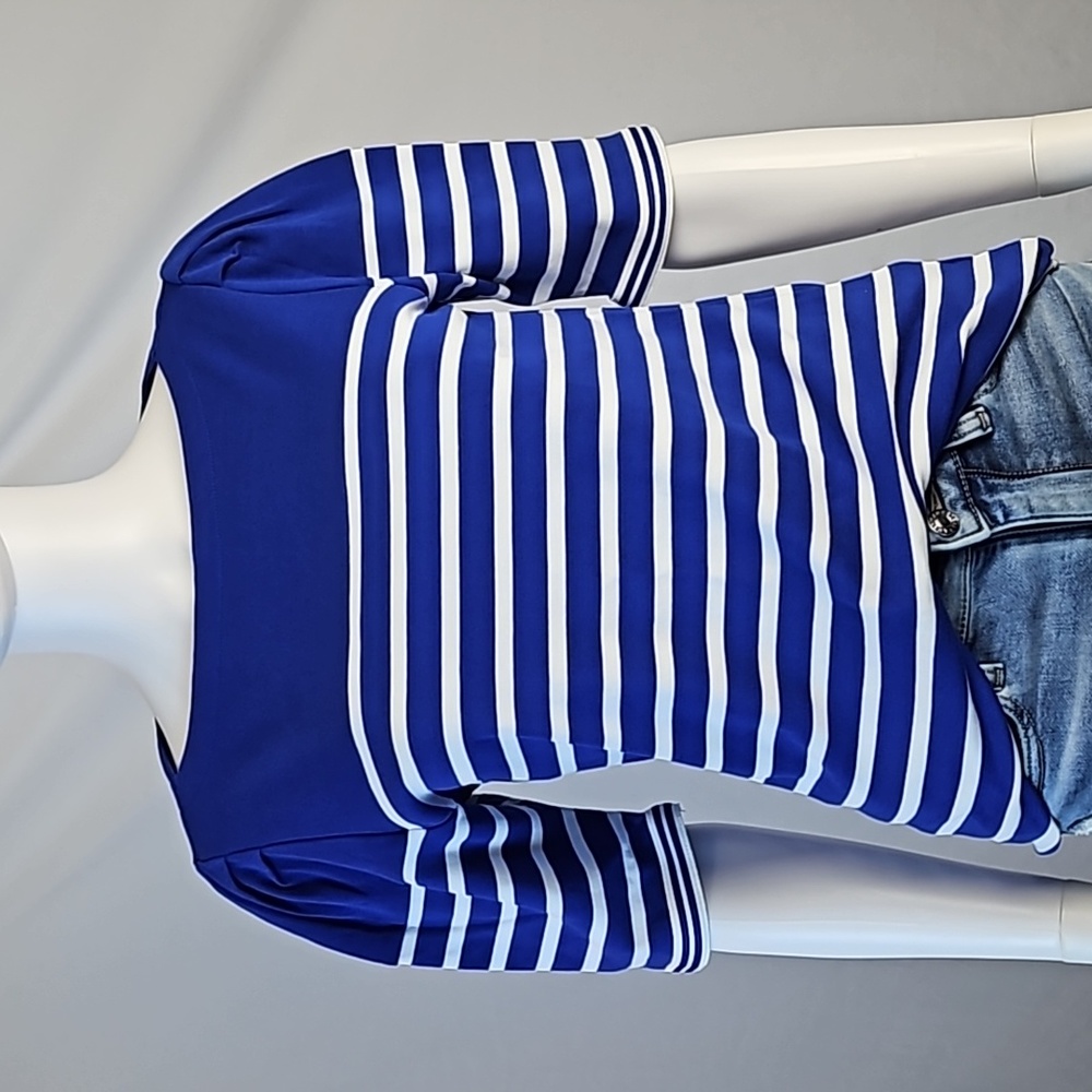 Lauren Ralph Lauren Stretch Cotton Blue White Stripe Puff Sleeve Boat Ne…